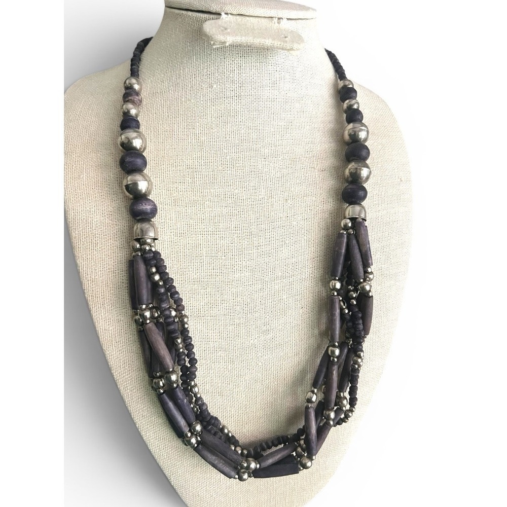 Bohemian Purple Dyed Wood And Silver Beaded 6 Strand Bib Statement Necklace Vtg